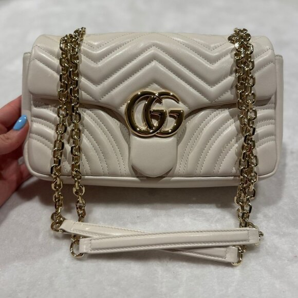 Gucci Handbags - Gucci GG Marmont Matelassé Medium Shoulder Bag – White Leather with Gold Hardwar